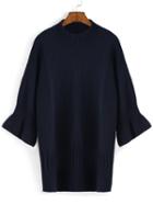 Romwe Bell Sleeve Long Blue Sweater
