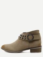 Romwe Khaki Faux Suede Buckle Strap Studded Ankle Boots