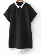 Romwe Black Short Sleeve Zipper Back Contrast Lapel Dress