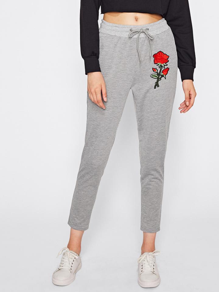Romwe Rose Applique Drawstring Waist Pants