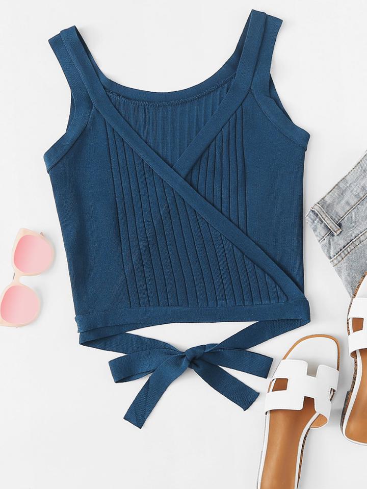 Romwe Knot Hem Ribbed Knit Top