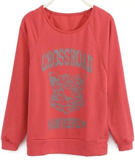 Romwe Red Long Sleeve Tiger Print Sweatshirt