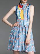 Romwe Multicolor Tie Neck Gauze Embroidered Pleated Dress