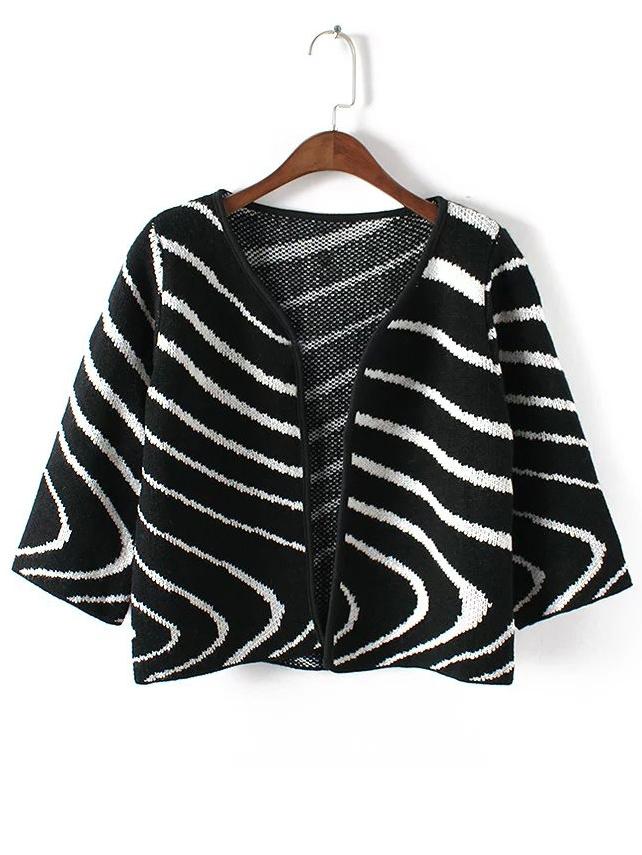 Romwe Striped Crop Black Coat