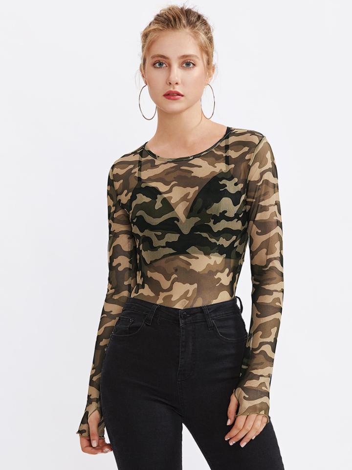 Romwe See-through Camo Lettuce Edge Tee With Thumb Holes