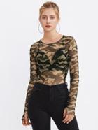 Romwe See-through Camo Lettuce Edge Tee With Thumb Holes