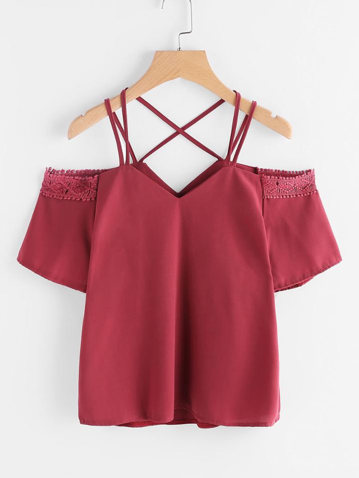 Romwe Open Shoulder Criss Cross Back Lace Trim Blouse