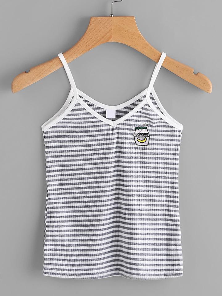 Romwe Embroidered Stripe Ringer Cami Top