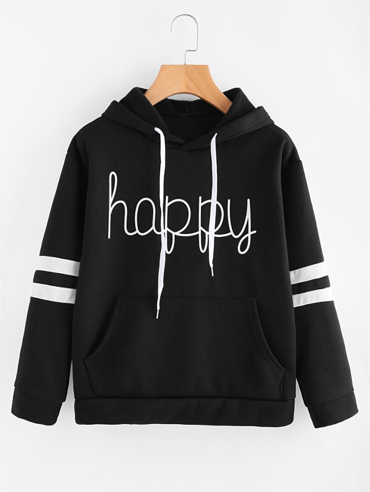 Romwe Letter Print Stripe Sleeve Hoodie