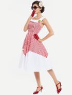 Romwe Contrast Checkered Cherry Detail Flare Dress