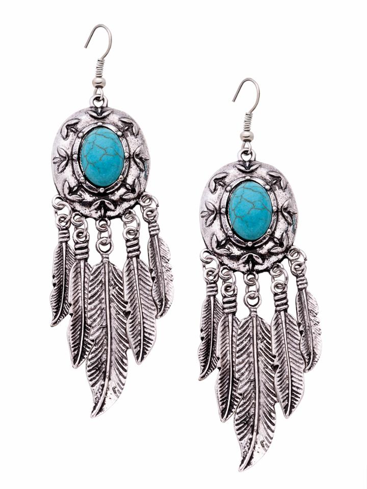 Romwe Antique Silver Turquoise Metal Feather Fringe Drop Earrings