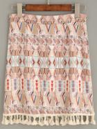 Romwe Camel Tribal Print Tassel Trim Skirt