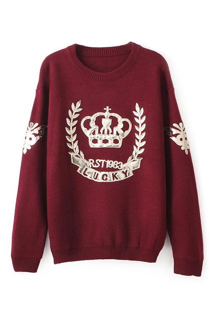 Romwe Olive Branch And Crown Knitted Burgundy Jumper
