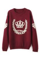 Romwe Olive Branch And Crown Knitted Burgundy Jumper