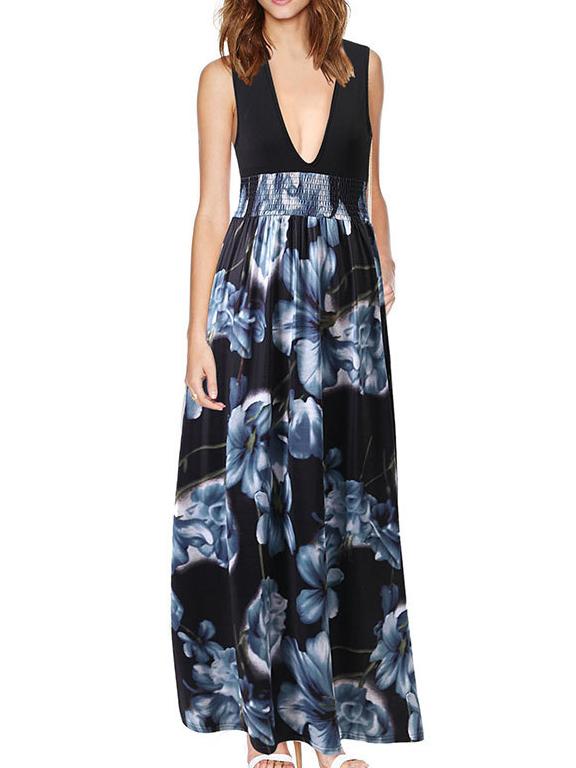 Romwe Deep V Neck Flowers Print Maxi Grey Dress