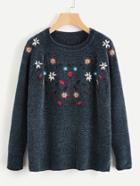 Romwe Flower Embroidered Raglan Sleeve Chenille Sweater