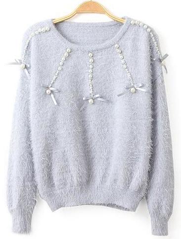 Romwe Beading Mohair Light Blue Sweater