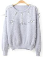 Romwe Beading Mohair Light Blue Sweater