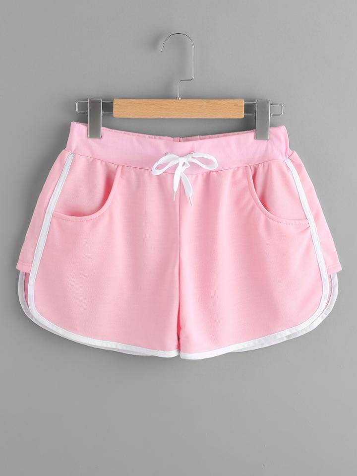 Romwe Drawstring Waist Dolphin Hem Contrast Trim Shorts