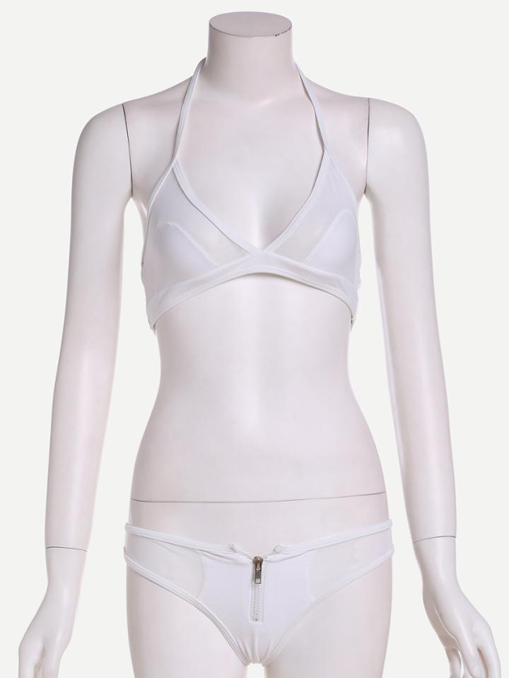 Romwe White Mesh Panel Zip Detail Bikini Set