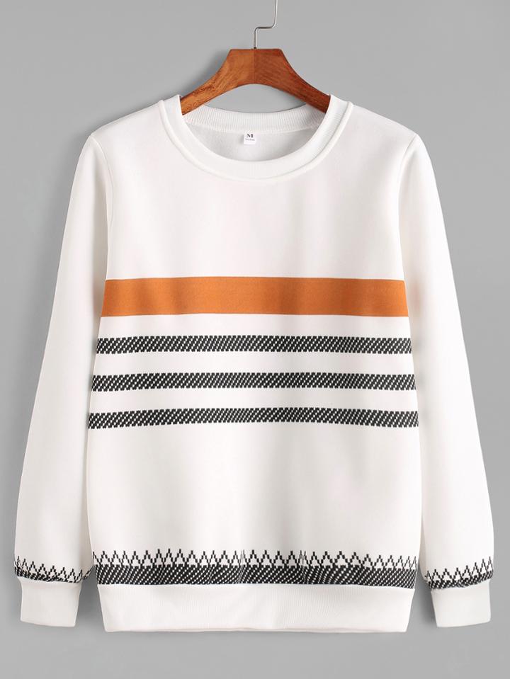 Romwe White Geo Striped Print Contrast Trim Sweatshirt