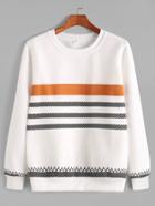 Romwe White Geo Striped Print Contrast Trim Sweatshirt