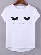 Romwe White Roll Cuff Short Sleeve Eyelashes T-shirt