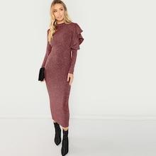 Romwe One Side Ruffle Open Shoulder Marled Knit Dress