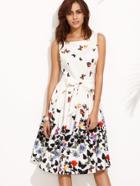 Romwe Butterfly Print Bow Waist Flare Tank Dress