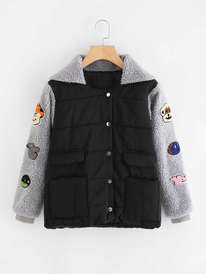 Romwe Contrast Sherpa Sleeve Patched Jacket