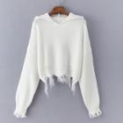 Romwe Frayed Hem Solid Hooded Sweater