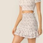 Romwe Ditsy Floral Layered Ruffle Hem Shirred Skirt