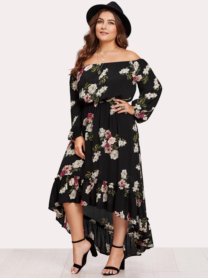 Romwe Elasticized Waist Flounce Dip Hem Bardot Dress