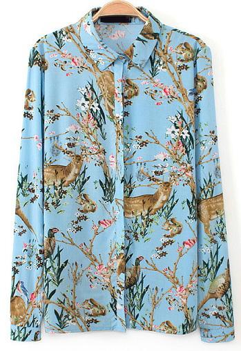 Romwe Blue Long Sleeve Deer Print Blouse