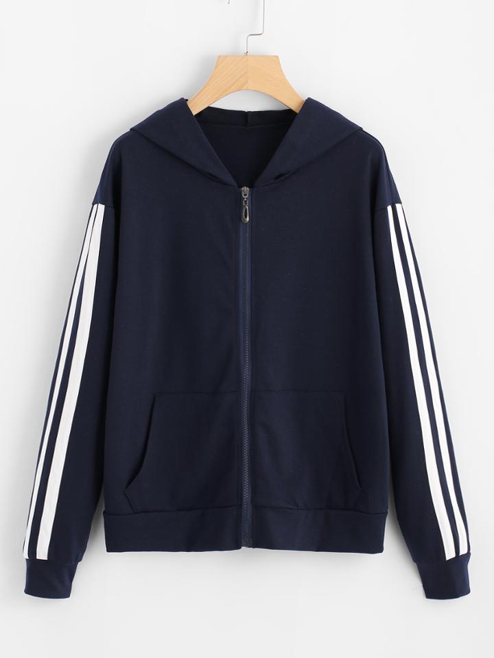 Romwe Contrast Striped Tape Sleeve Zip Up Jacket