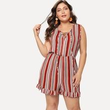 Romwe Plus Striped Frill Lace Up Jumpsuit