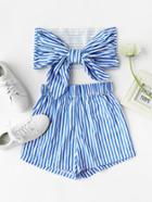 Romwe Stripe Bow Tie Back Strapless Crop Top With Shorts