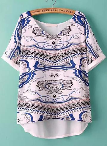 Romwe Dip Hem Totems Print Chiffon Top