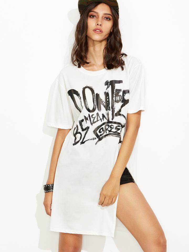Romwe White Letter Print High Slit Loose T-shirt