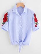 Romwe Embroidered Appliques Pinstripe Knot Hem Blouse