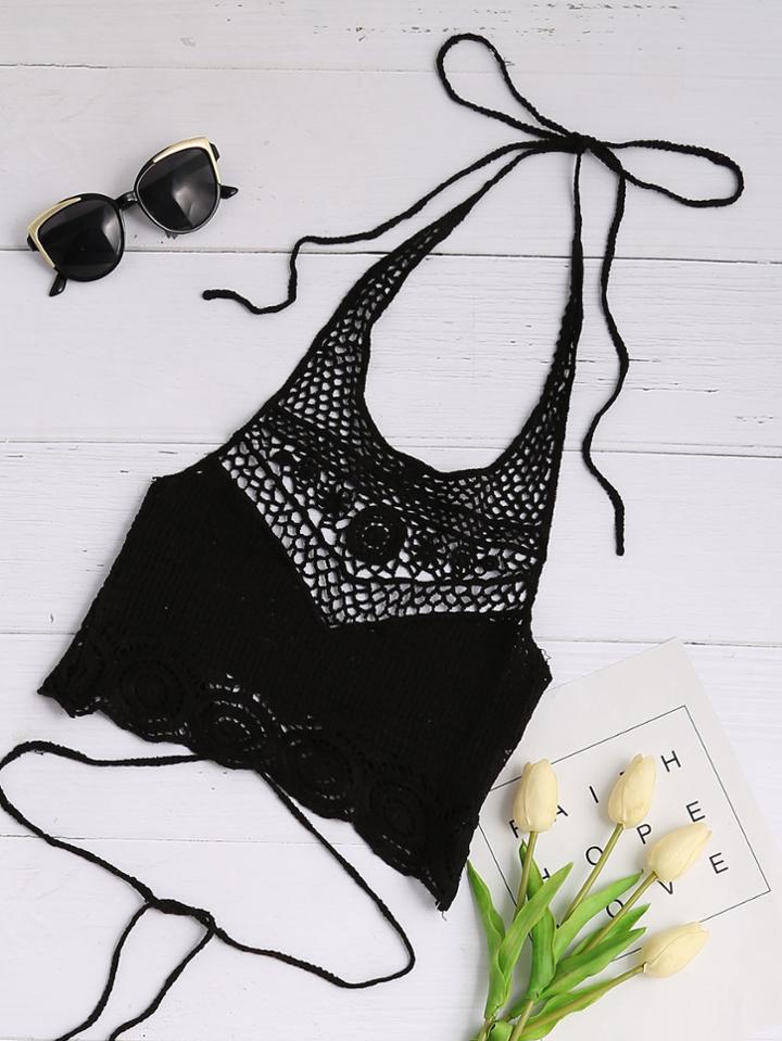 Romwe Black Hollow Out Crochet Tie Detail Crop Halter Top