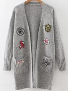 Romwe Grey Marled Knit Patch Long Cardigan With Pockets