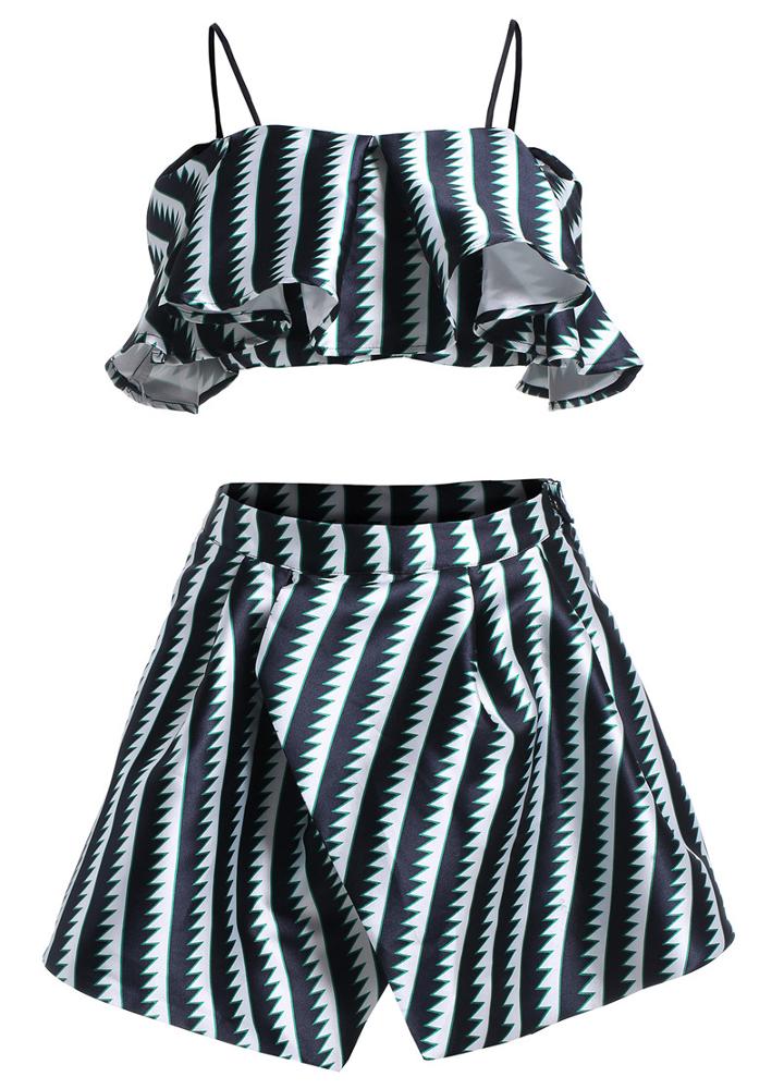 Romwe Spaghetti Strap With Zipper Crop Top With Asymmetrical Skirt