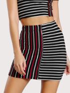 Romwe Zip Front Mixed Stripe Skirt