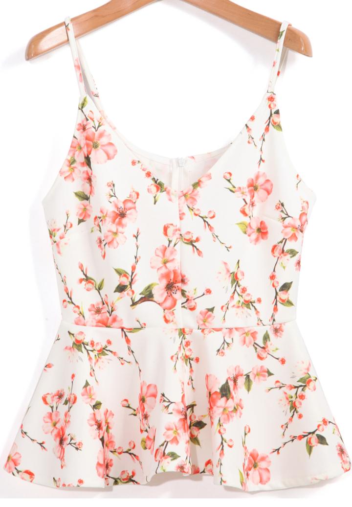 Romwe Apricot Spaghetti Strap Florals Peplum Hem Cami Top