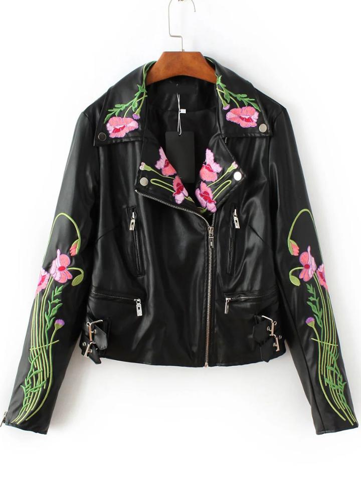 Romwe Black Floral Embroidery Oblique Zipper Pu Jacket