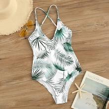 Romwe Palm Print Self Tie Back One Piece Swimsuit
