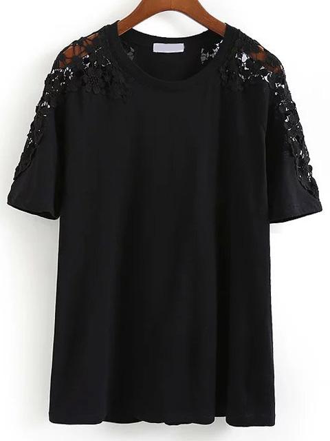 Romwe Lace Insert Black T-shirt