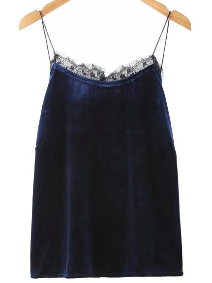 Romwe Dark Blue Lace Velvet Spaghetti Strap Camis Top