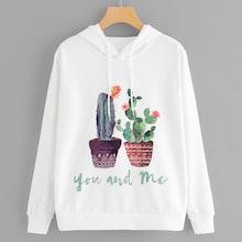 Romwe Plant Print Drawstring Hoodie